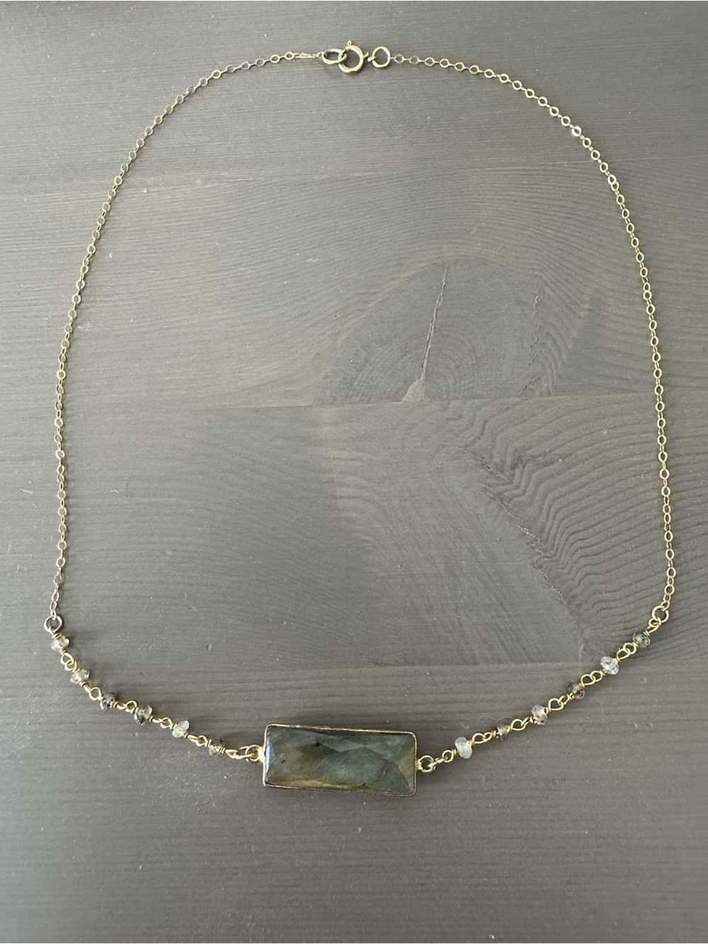 Gold Bar Necklace with Green Stone Accent